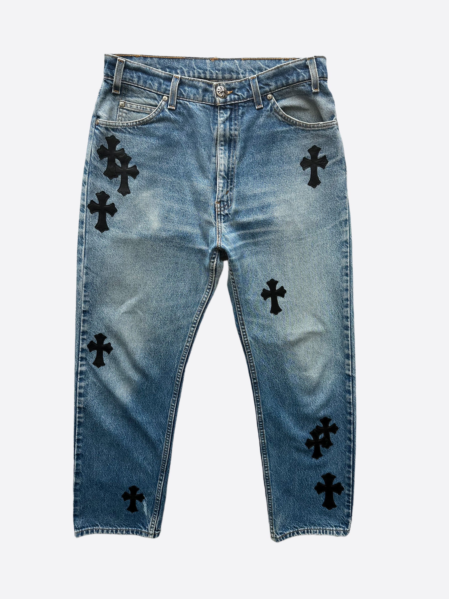 Chrome Hearts x Levi's Light Blue Distressed Jeans with Black Leather Cross Patch - Stylish Vintage Denim for Men's Streetwear & Casual Outfits