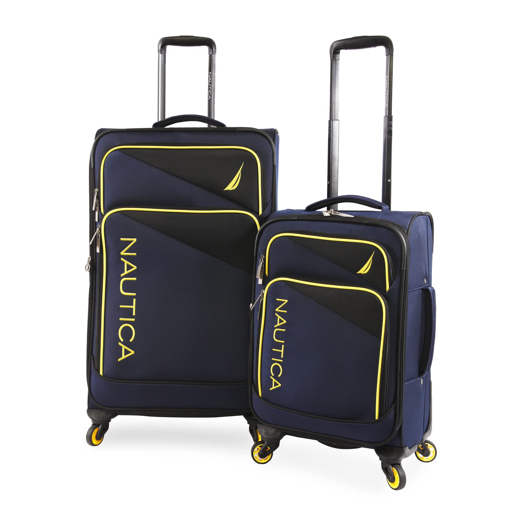 NAUTICA Emry 2-Piece Softside Luggage Set in Navy & Yellow | Lightweight Spinner Suitcase for Travel, Business Trips & Weekend Getaways