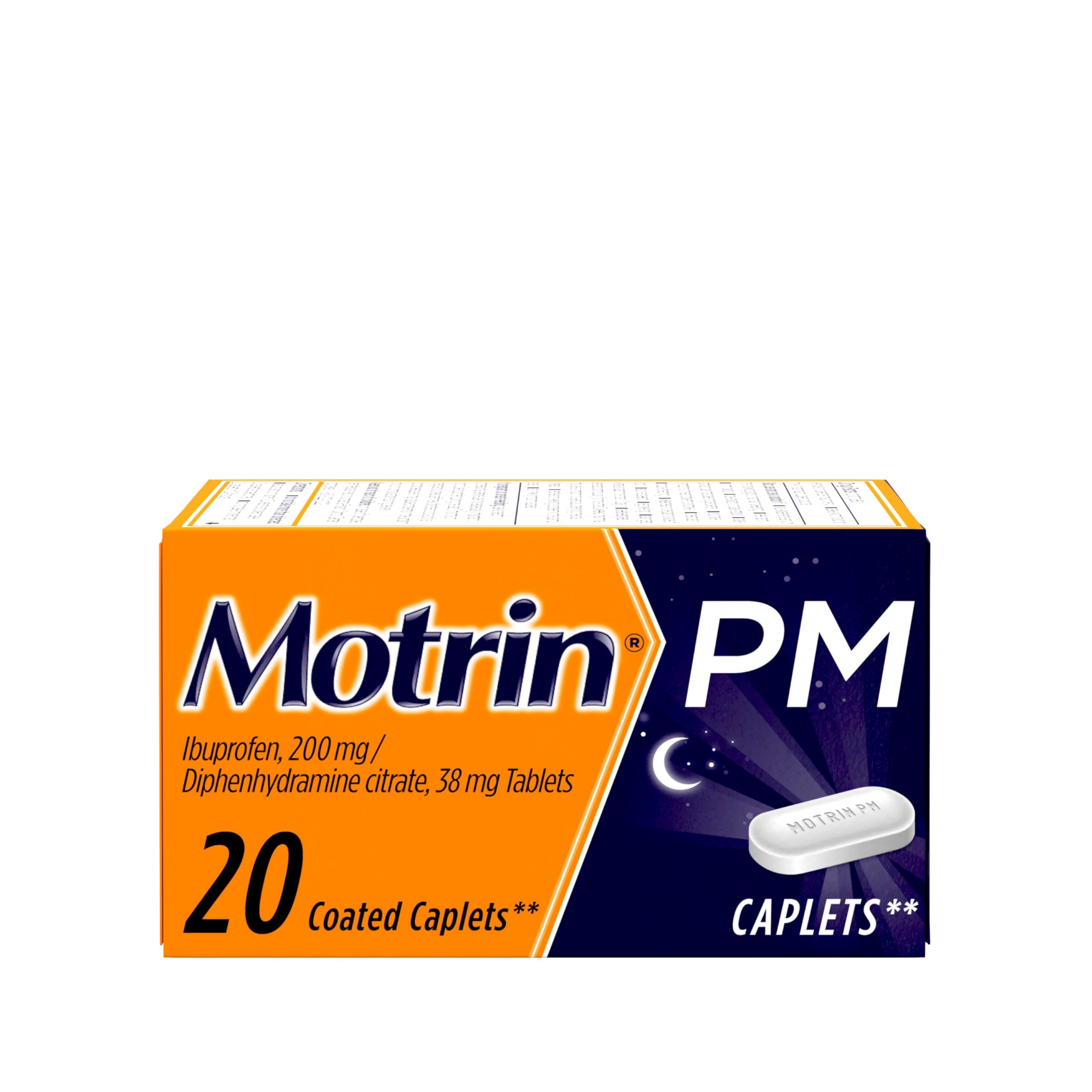 Motrin PM Caplets 200mg Ibuprofen & 38mg Sleep Aid - Nighttime Pain Relief for Headaches, Backaches & Minor Aches - 20 Count - Perfect for Restful Sleep After Workouts or Stressful Days