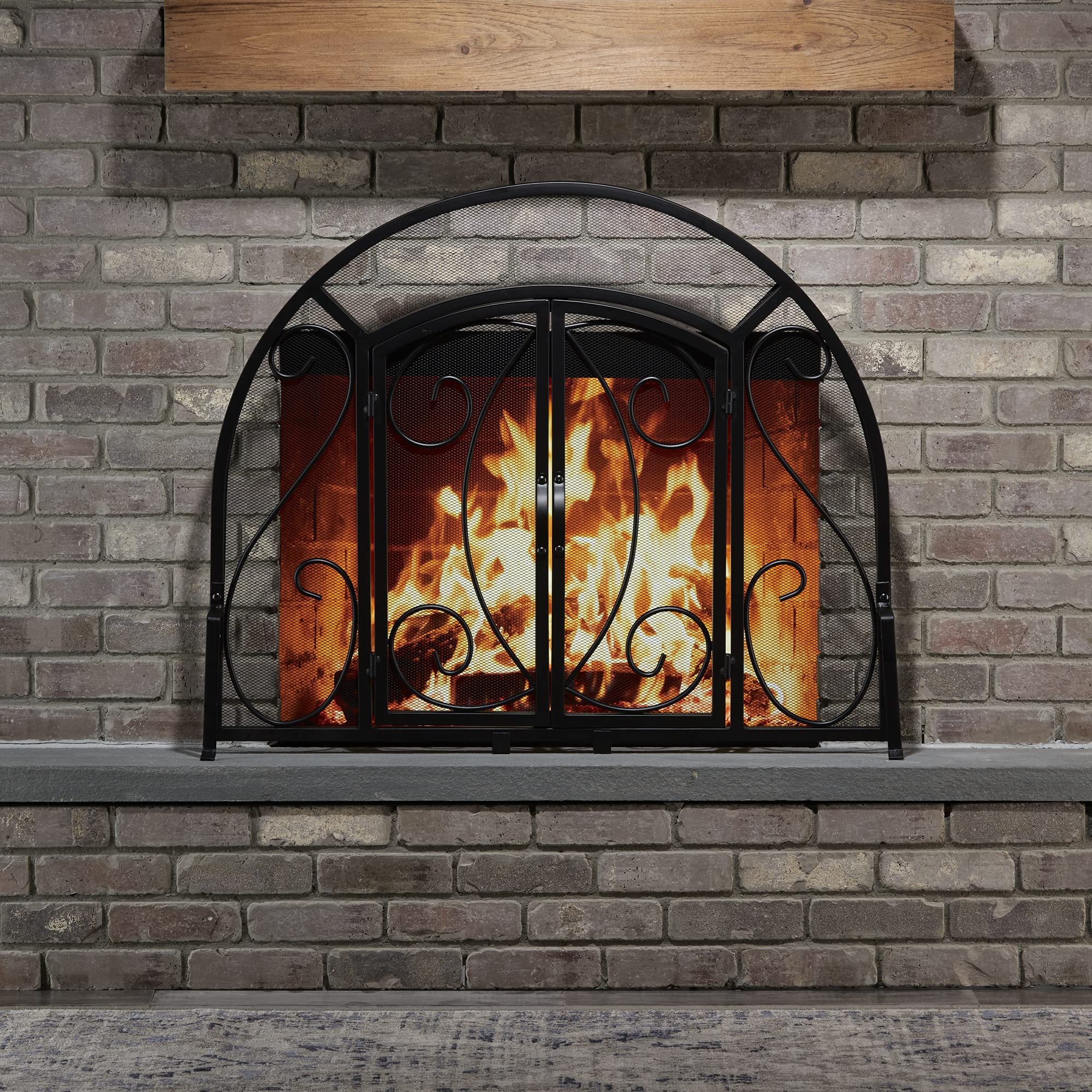 UniFlame Single Panel Black Wrought Iron Fireplace Screen with Doors - Elegant Fireplace Safety Guard for Living Room & Bedroom
