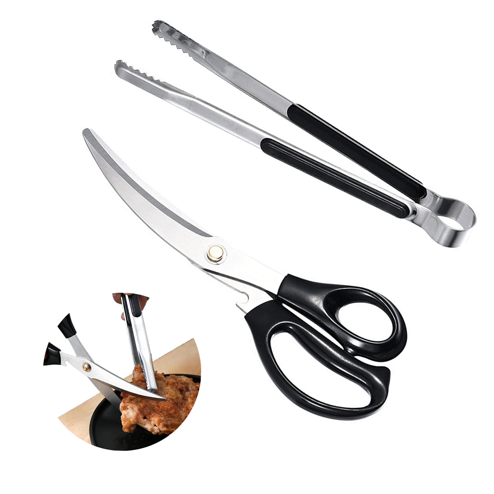 Premium Korean BBQ Scissors & Tongs Set - Stainless Steel Kitchen Shears with Ergonomic Handle for Grilling, Cooking, Pizza Cutting - Perfect for Backyard BBQ, Camping & Home Kitchen Use (Black)