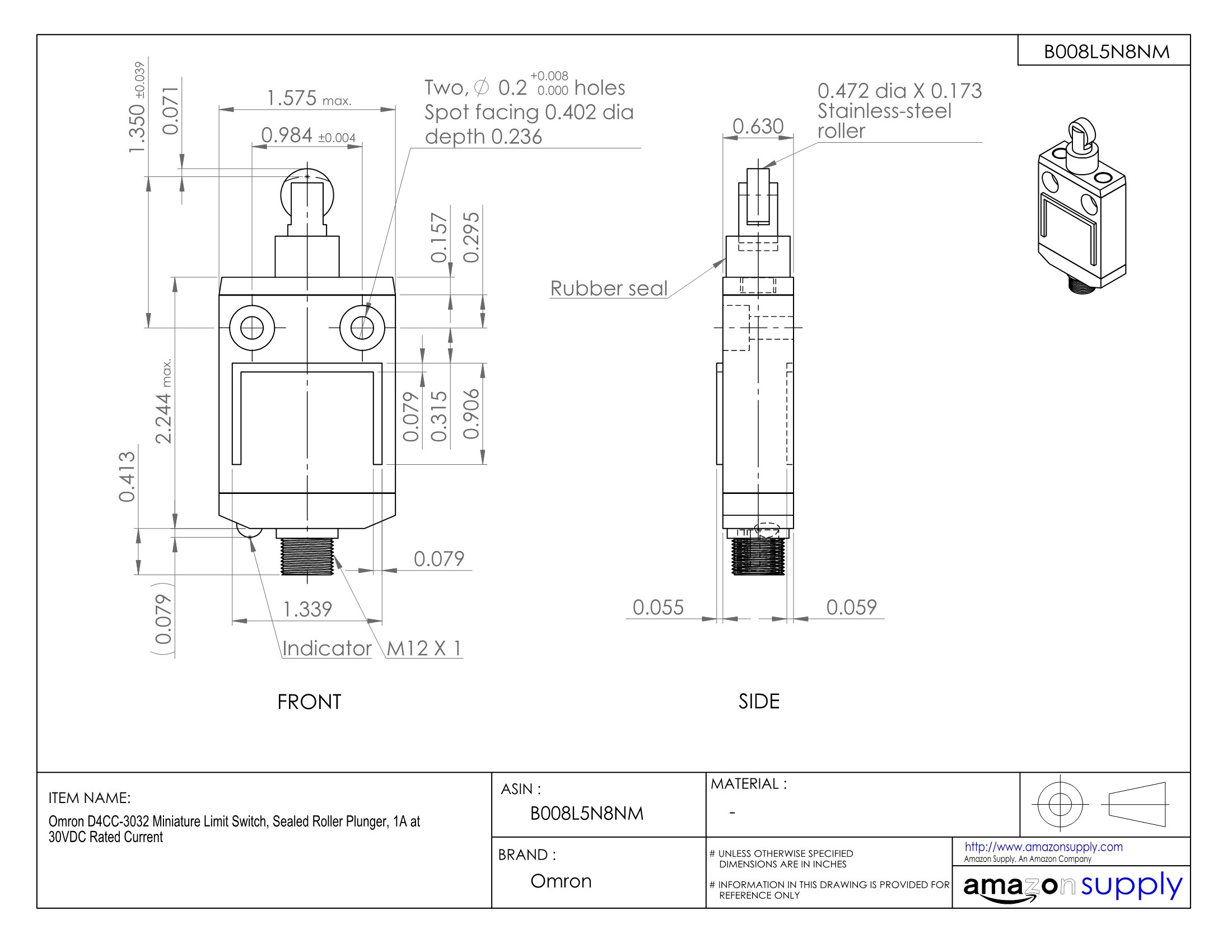 Omron D4CC-3032 Miniature Limit Switch - Sealed Roller Plunger, 1A 30VDC - Perfect for Industrial Automation, Robotics & CNC Machinery Safety Controls