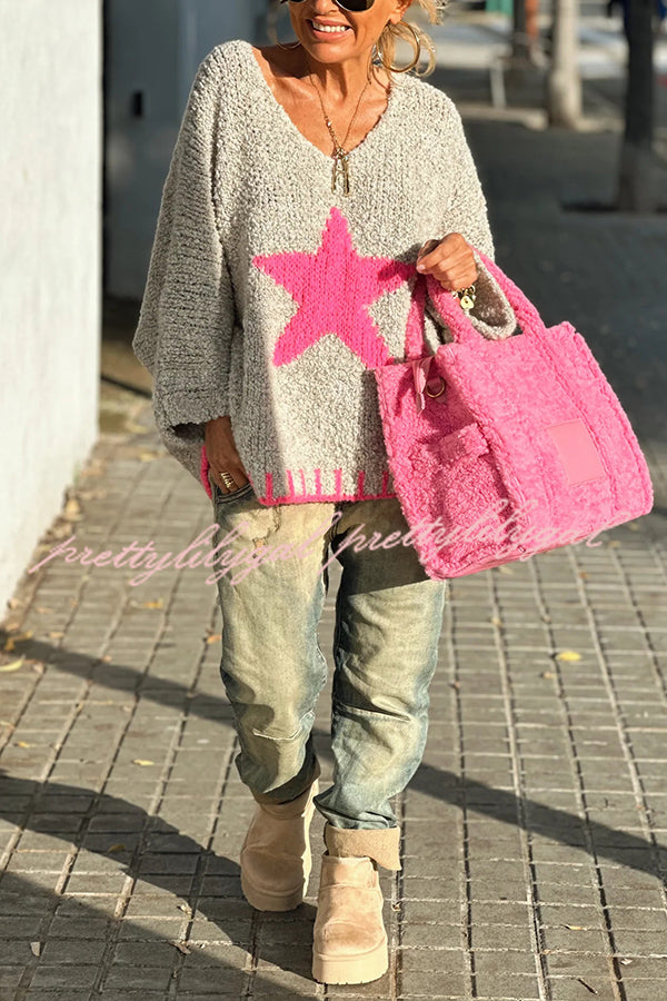 Cozy Winter Knit Sweater with Star Pattern & Contrast Colors - Loose Fit for Casual Outings, Holiday Gatherings & Cold Weather Fashion