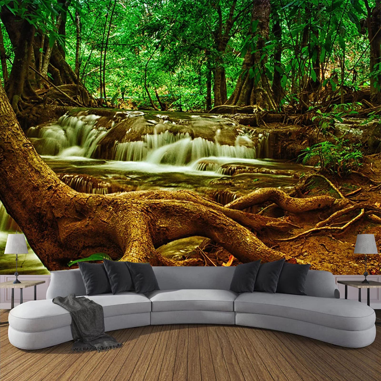 Green Tree Forest Waterfall 3D Wallpaper - Tropical Landscape Peel & Stick Removable Wall Mural for Nursery, Bedroom, Living Room Decor | Easy DIY Home Decoration for Kids Rooms & Hallways