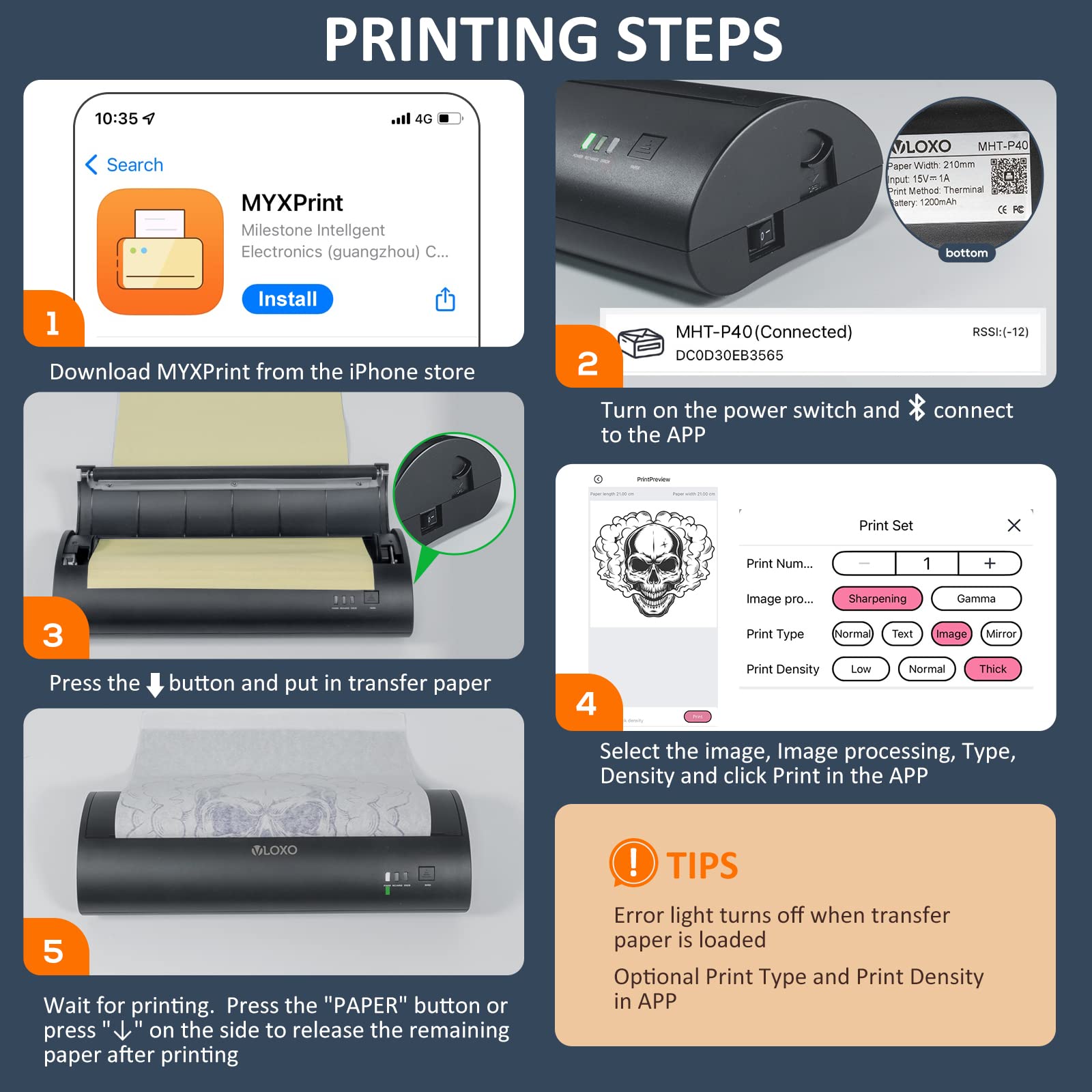 VLOXO Wireless Tattoo Stencil Printer - Portable Rechargeable Thermal Transfer Copier for Tattoo Artists, Works with iOS & Android Smartphones, Includes 10 Tattoo Stencil Papers - Perfect for Tattoo Studios, Home Use & Professional Tattoo Design Transfer