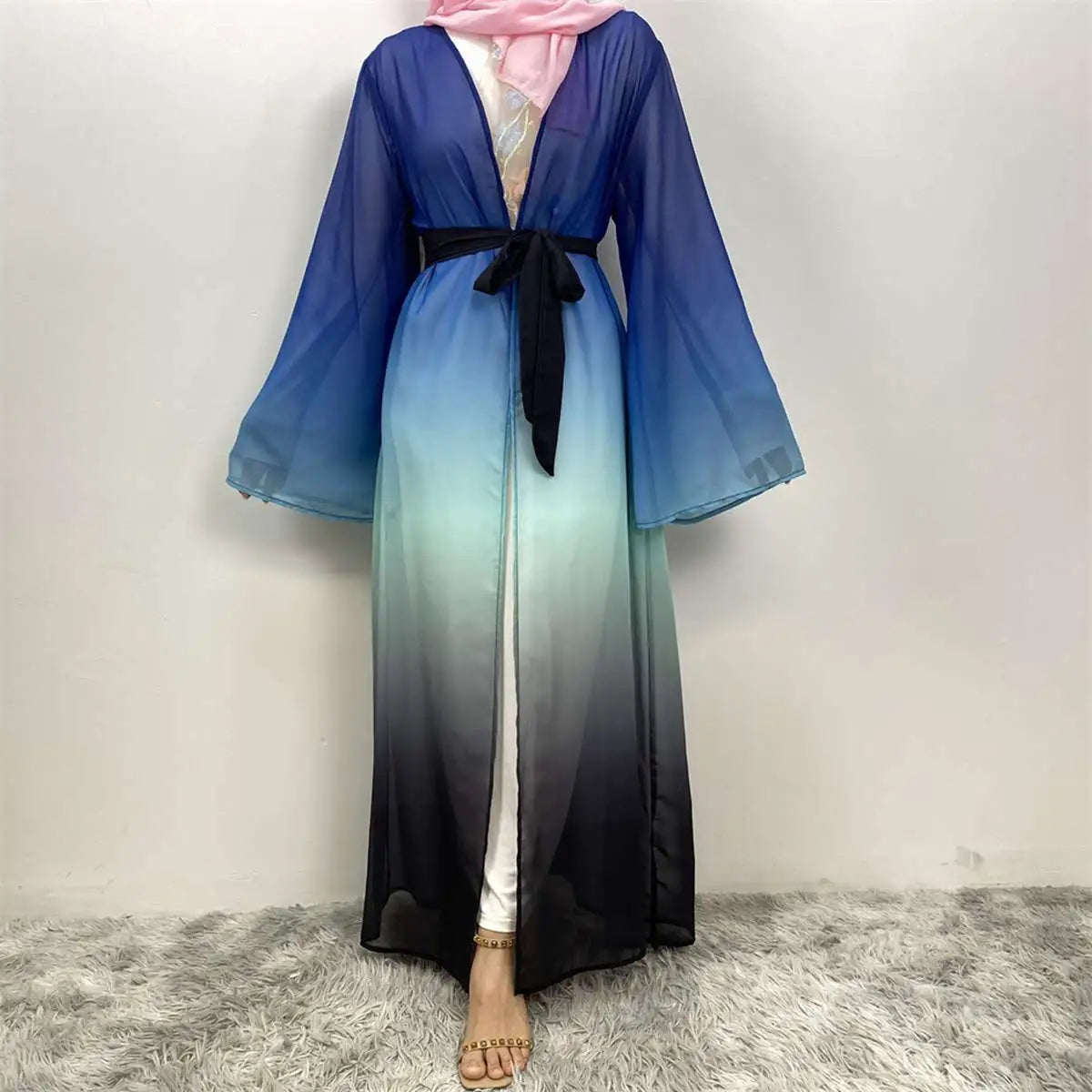 Gradient Color Chiffon Muslim Women's Cardigan Open Abaya Dress - Elegant Prayer Dress for Hijab Fashion & Special Occasions