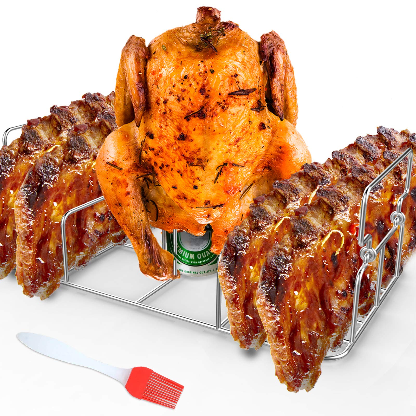 Premium Stainless Steel Beer Can Chicken Roaster & Rib Rack with Silicone Basting Brush - Heavy Duty Rectangle BBQ Stand for Smoker, Oven & Grill - Holds Whole Chicken + 4 Ribs - Perfect for Backyard BBQs, Tailgating & Outdoor Cooking