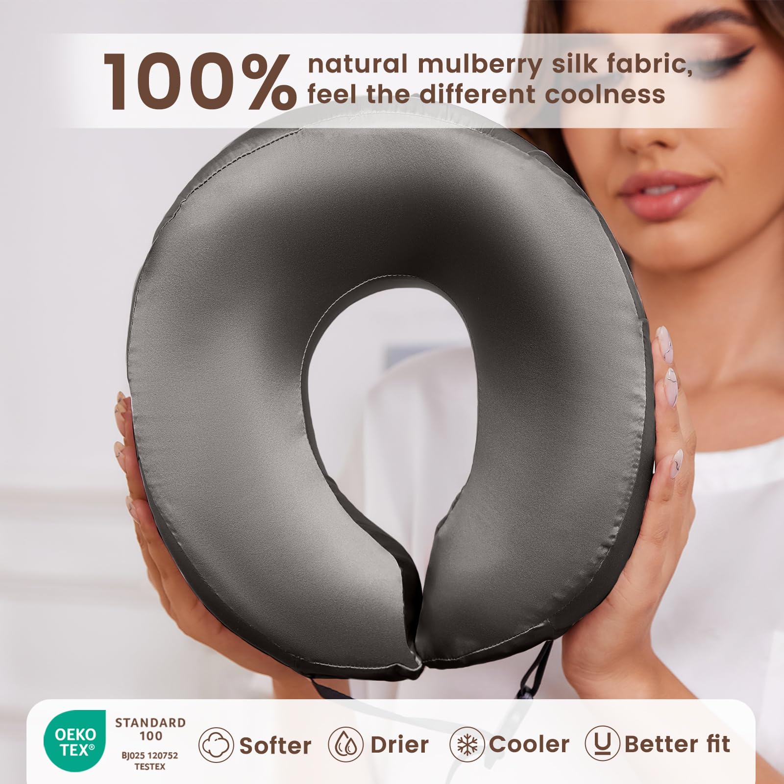 100% Mulberry Silk Travel Neck Pillow with Memory Foam - Airplane Sleeping Pillow for Head & Neck Support | Portable with Storage Bag (Charcoal) | Perfect for Long Flights, Road Trips & Office Naps