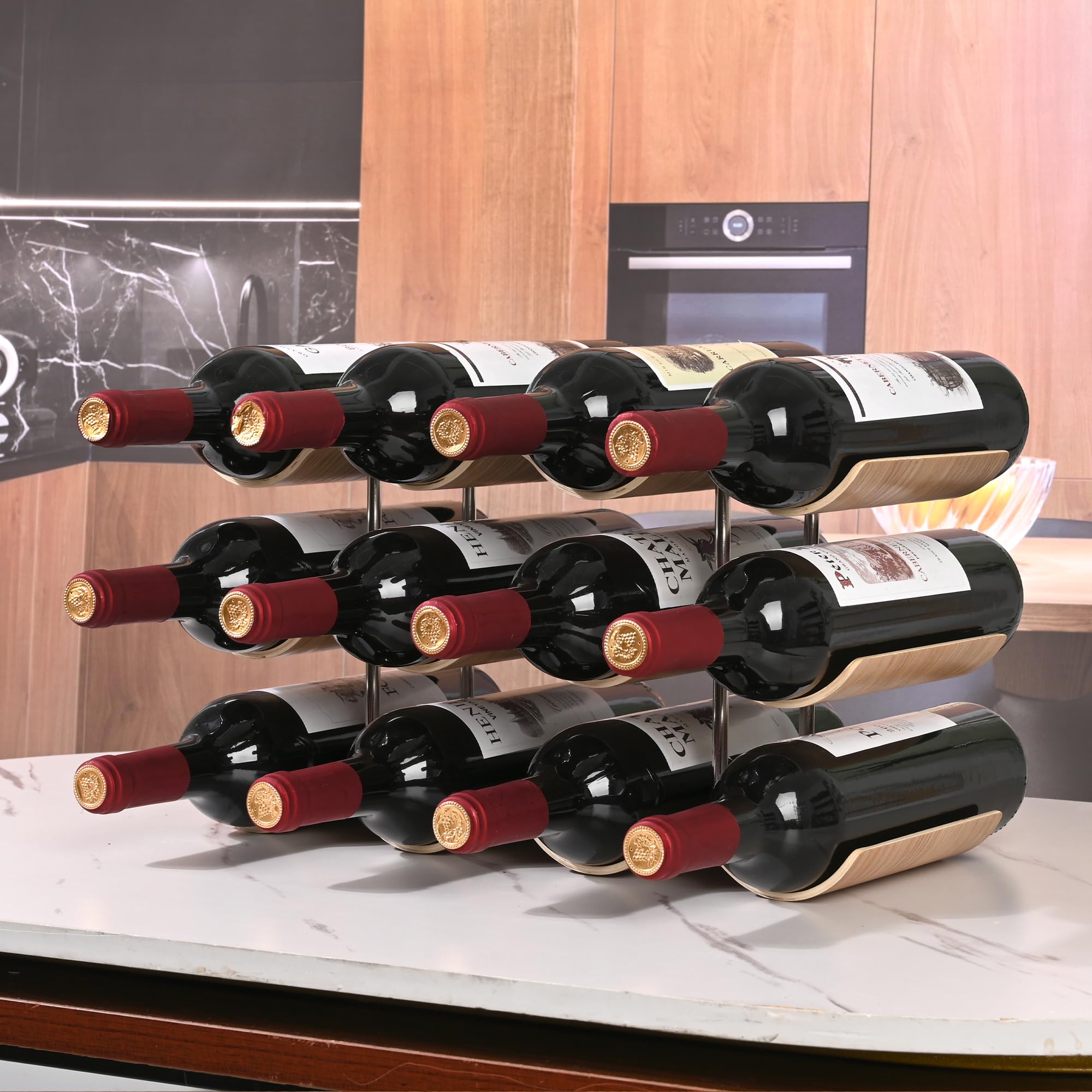 12 Bottle Wooden Wine Rack - 3 Tier Countertop Wine Holder Stand for Kitchen, Bar, Pantry & Cabinet Storage | Wavy Design Freestanding Wine Organizer for Home & Restaurant Use