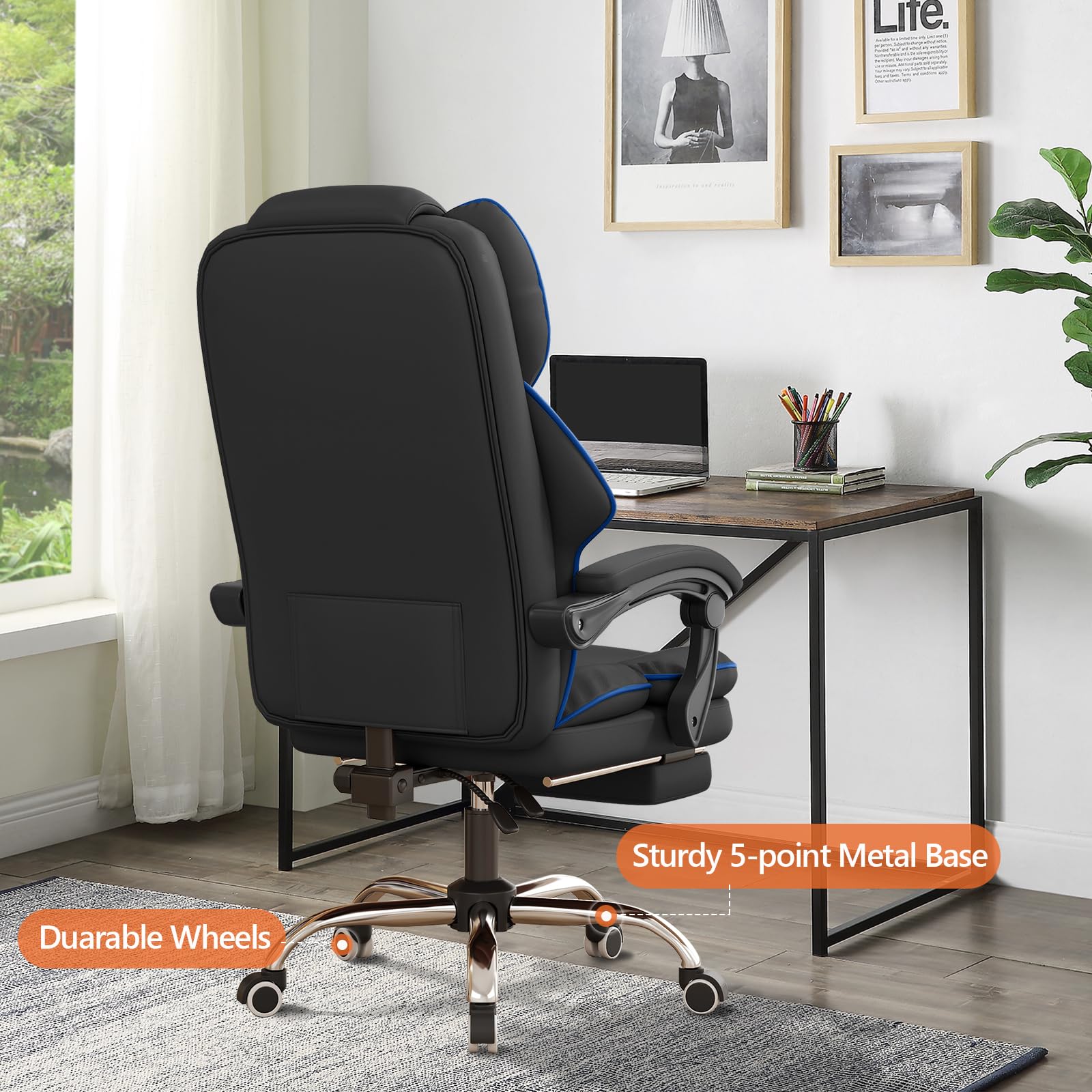 Premium Ergonomic Executive Office Chair - PU Leather High Back Computer & Gaming Chair with Adjustable Height, Footrest & Wheels - Black - Perfect for Home Office, Gaming Setup & Professional Workspaces