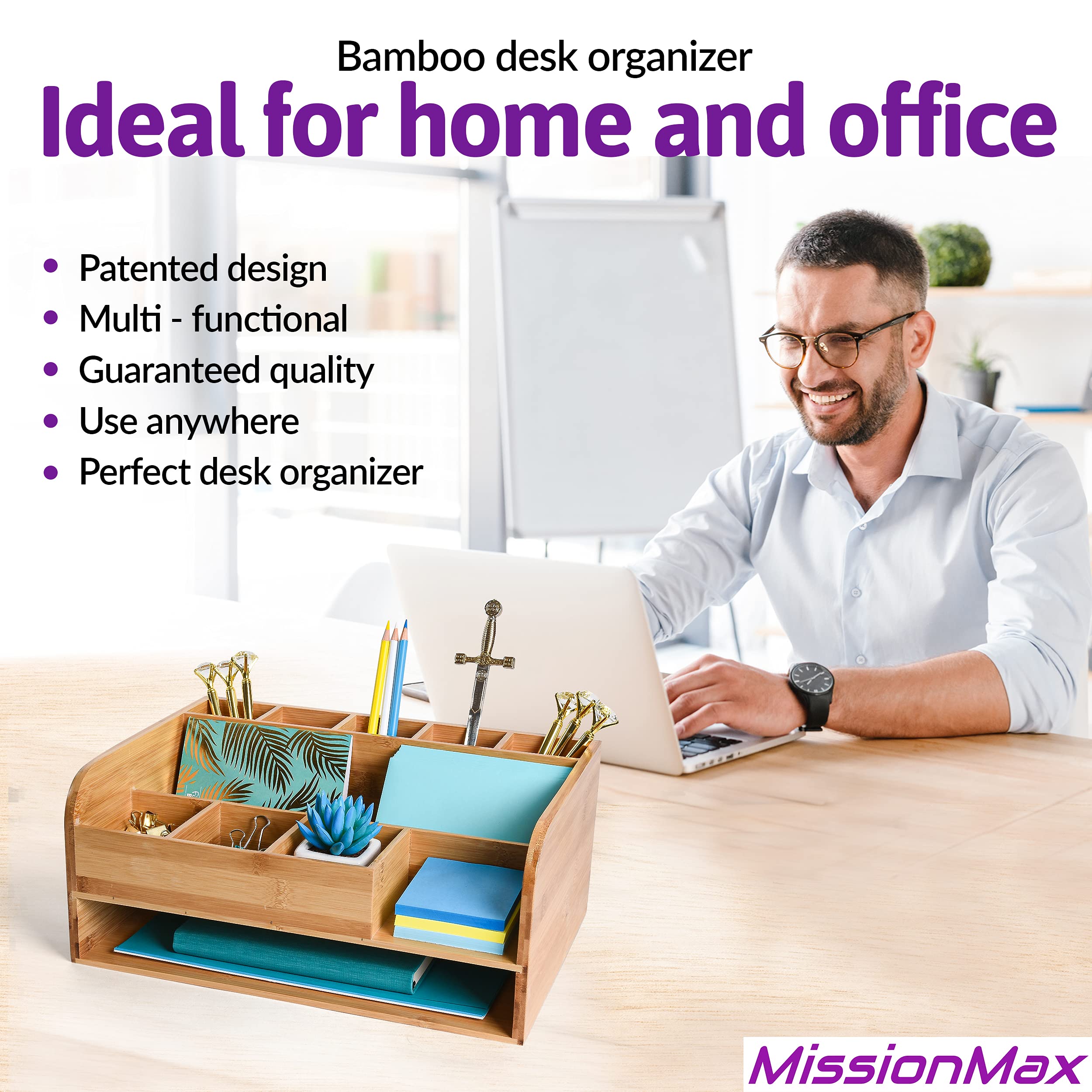 Premium Bamboo Wood Desk Organizer with File Holder - Office Supplies Storage & Desk Accessories for Home Office, Study & Workspace Organization - Perfect for Pens, Papers, Files & Stationery