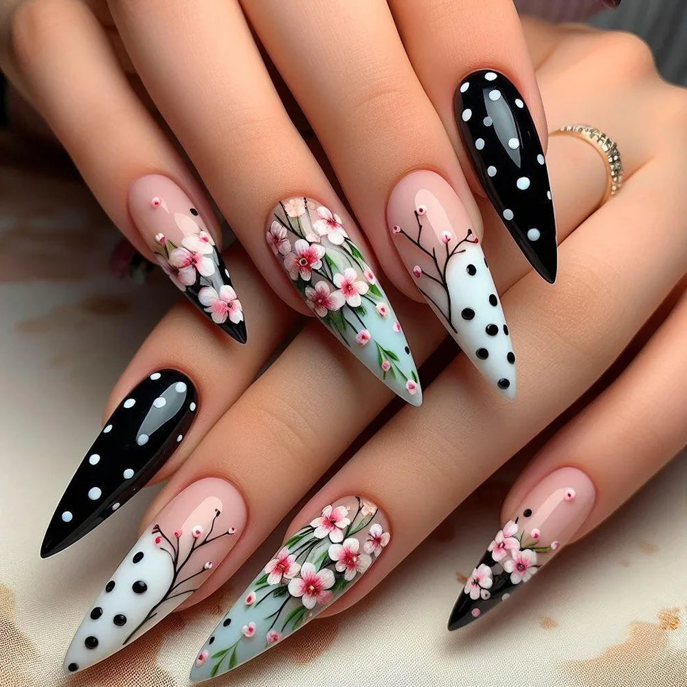 24Pcs Retro French Fake Nails with Moon Leaves Design - Glitter False Nails Mid Length Almond Shape - Reusable Press on Nails for Women - Perfect for Parties, Weddings & Special Occasions