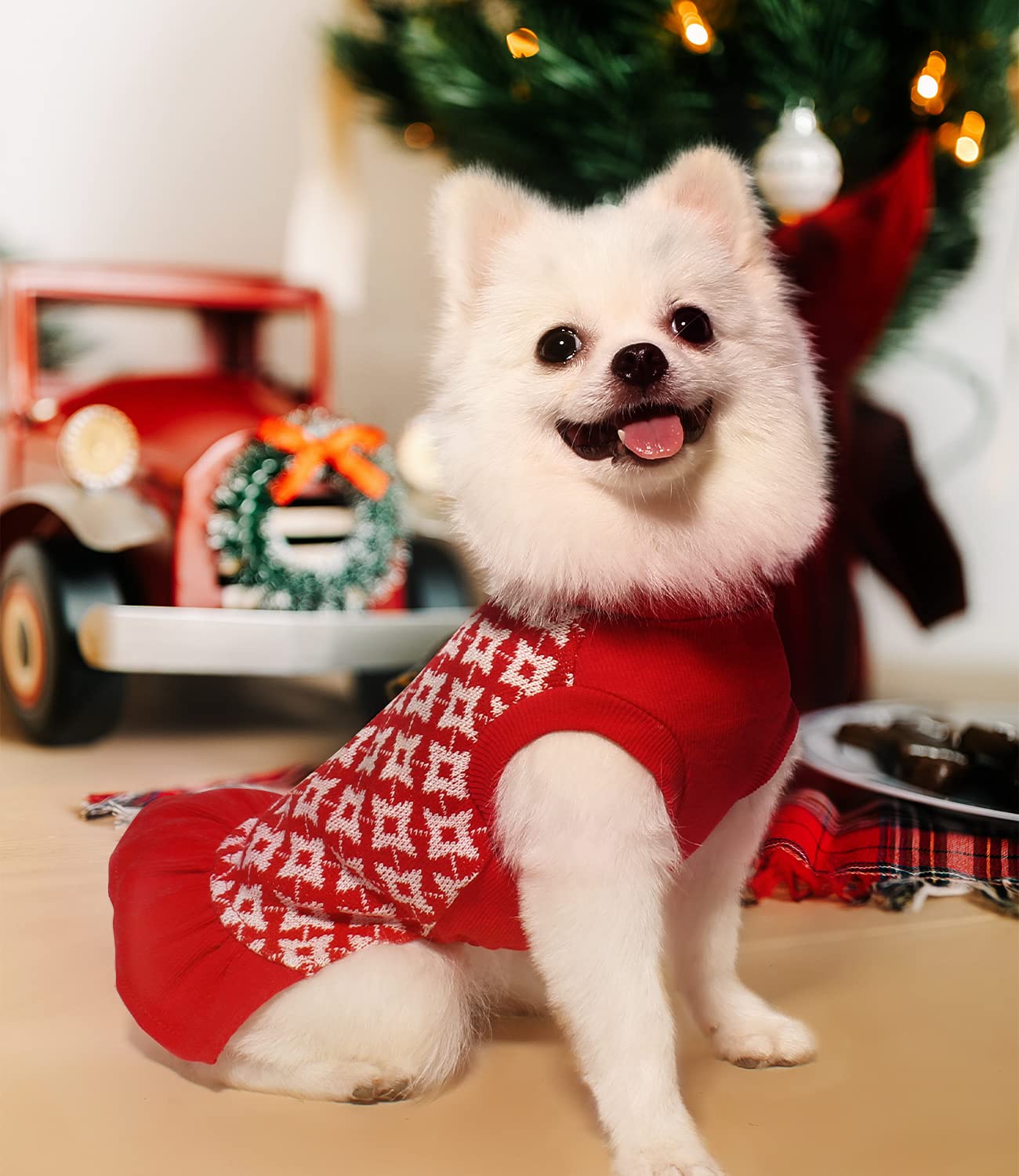 Dog Red Sweater Dress with Leash Hole - Soft Warm Plaid Pet Clothes Outfit for Small & Medium Dogs | Perfect for Winter Walks, Holiday Photos & Indoor Cozy Wear (Red, Medium)