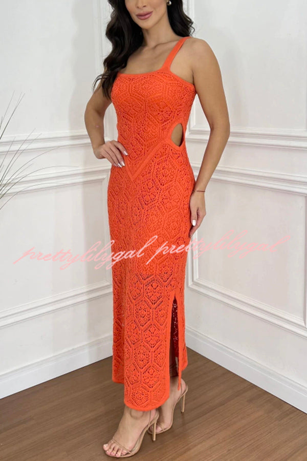 Zafina Women's Crochet Knit Cutout Waist Textured Slit Stretch Maxi Dress - Elegant Boho Summer Beach Party & Wedding Guest Outfit