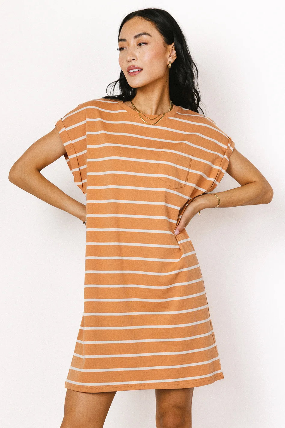 Kennedy Striped Rust T-Shirt Dress for Women - Casual Summer Dress with Pockets | Perfect for Beach, Vacation, and Everyday Wear