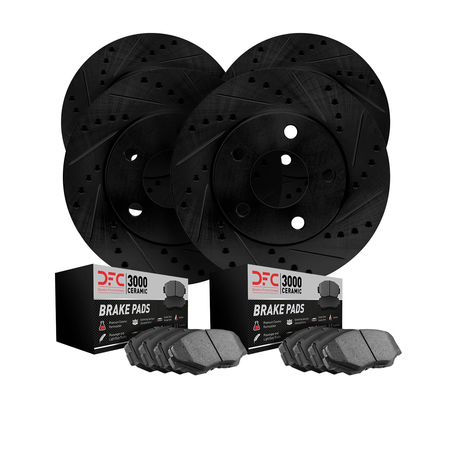 Dynamic Friction Company Front & Rear Brake Rotors & Pads Kit - Drilled & Slotted 3000 Series Ceramic Brake Rotors - High Performance Automotive Brake Replacement Kit for Cars, Trucks & SUVs - Perfect for Daily Driving, Racing & Heavy-Duty Use