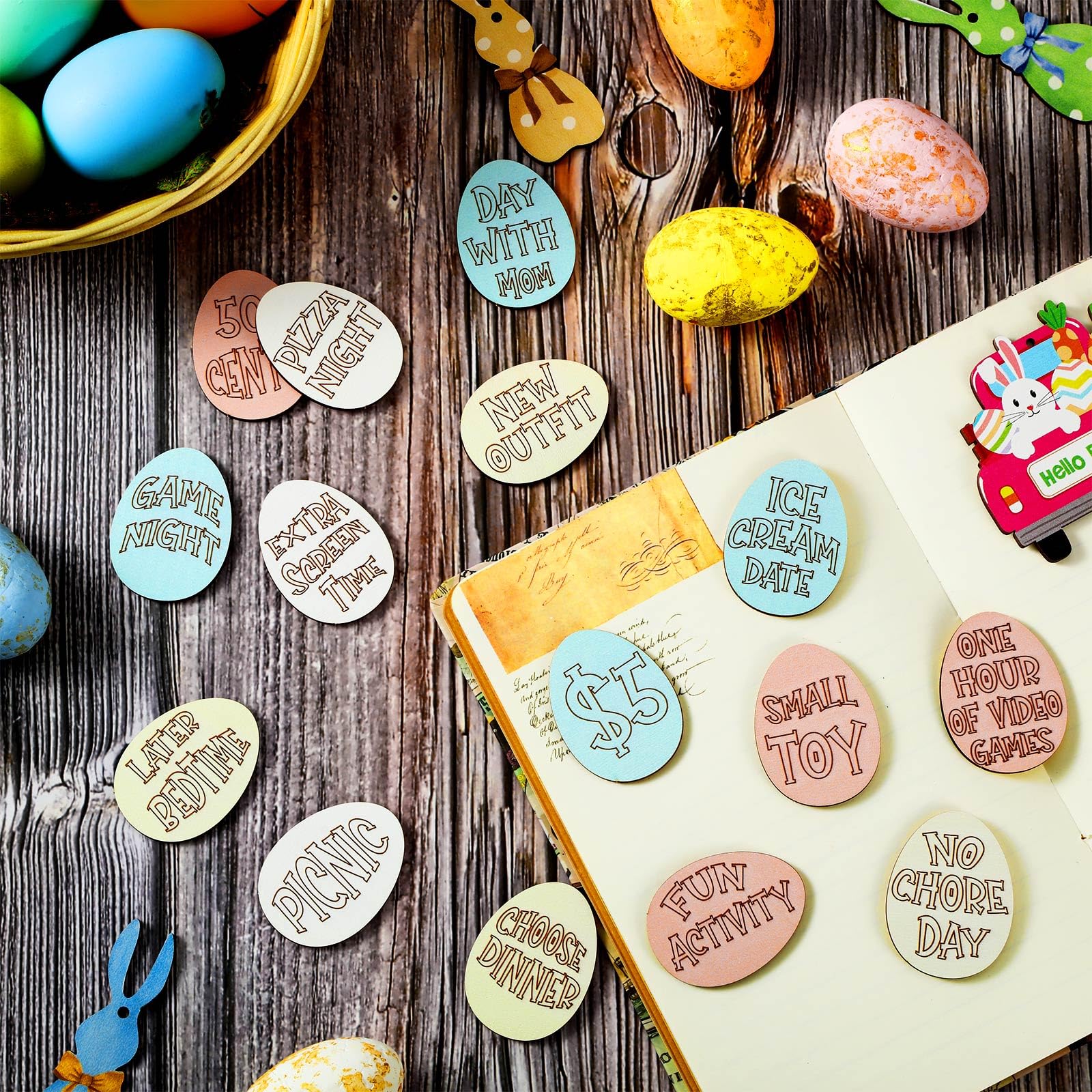30 Pack Wooden Easter Egg Tokens - 30 Unique Engraved Sayings, Easter Basket Stuffers & Reward Tokens for Teens & Adults - Perfect for Easter Egg Hunts, Classroom Rewards & Party Favors