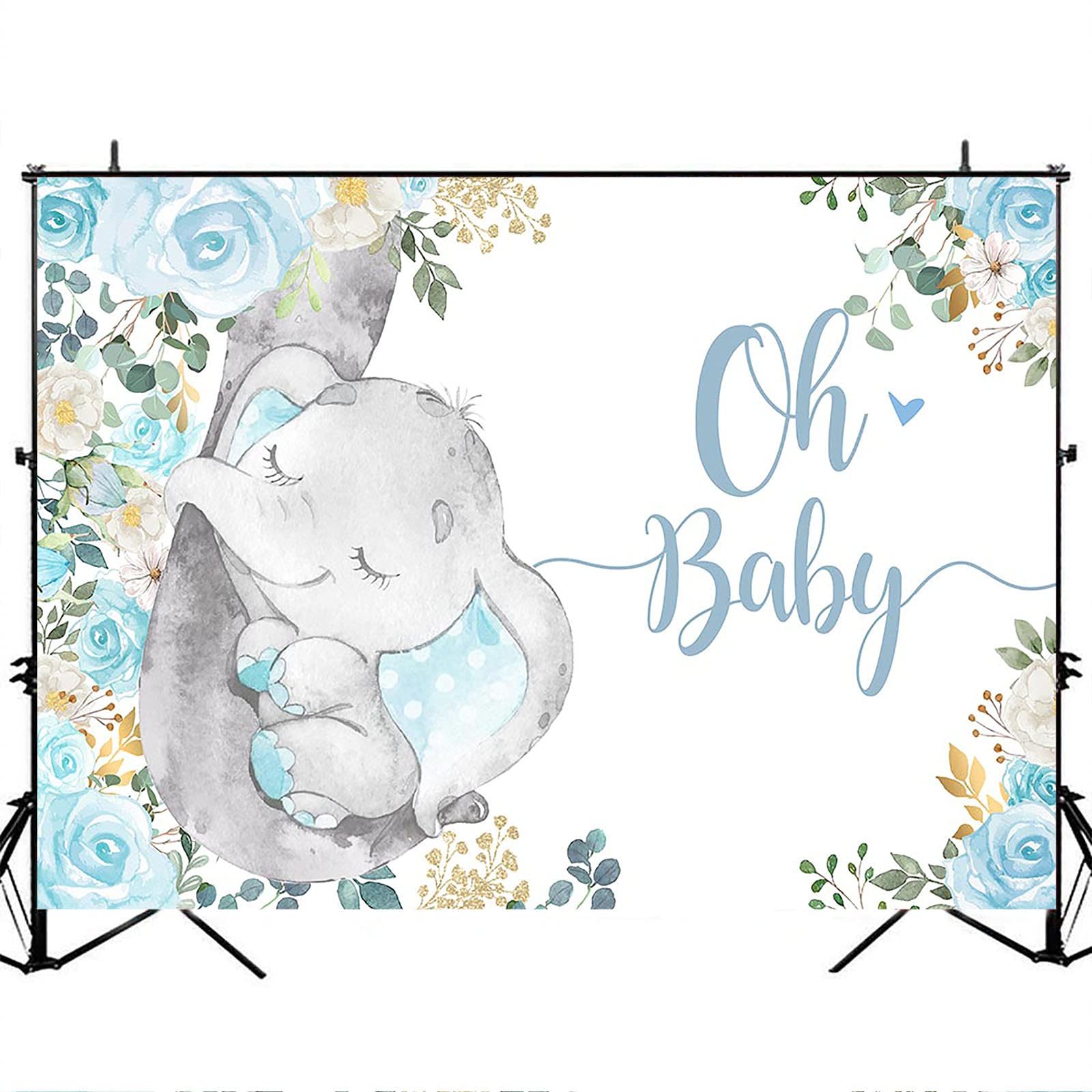 Avezano Little Elephant Baby Shower Backdrop - Oh Baby Blue Elephant Theme Decor with Flowers, 7x5 ft Banner for Boys & Girls Nursery, Birthday Party, Gender Reveal Decorations