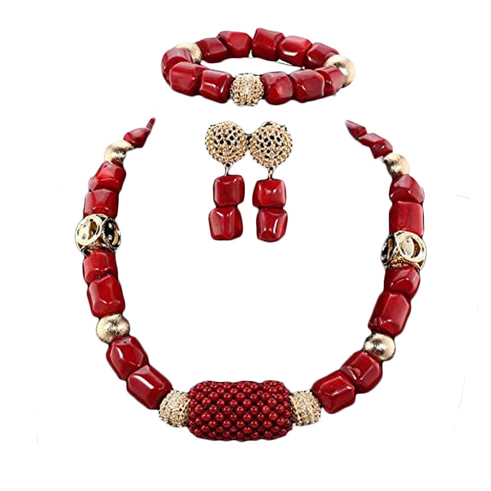 Natural Coral Beads Jewelry Set - Handmade Wine Red Coral Necklace, Earrings & Bracelet for Bridal, Wedding & Boho Fashion | Perfect for Beach Weddings, Bridal Showers & Boho Chic Outfits