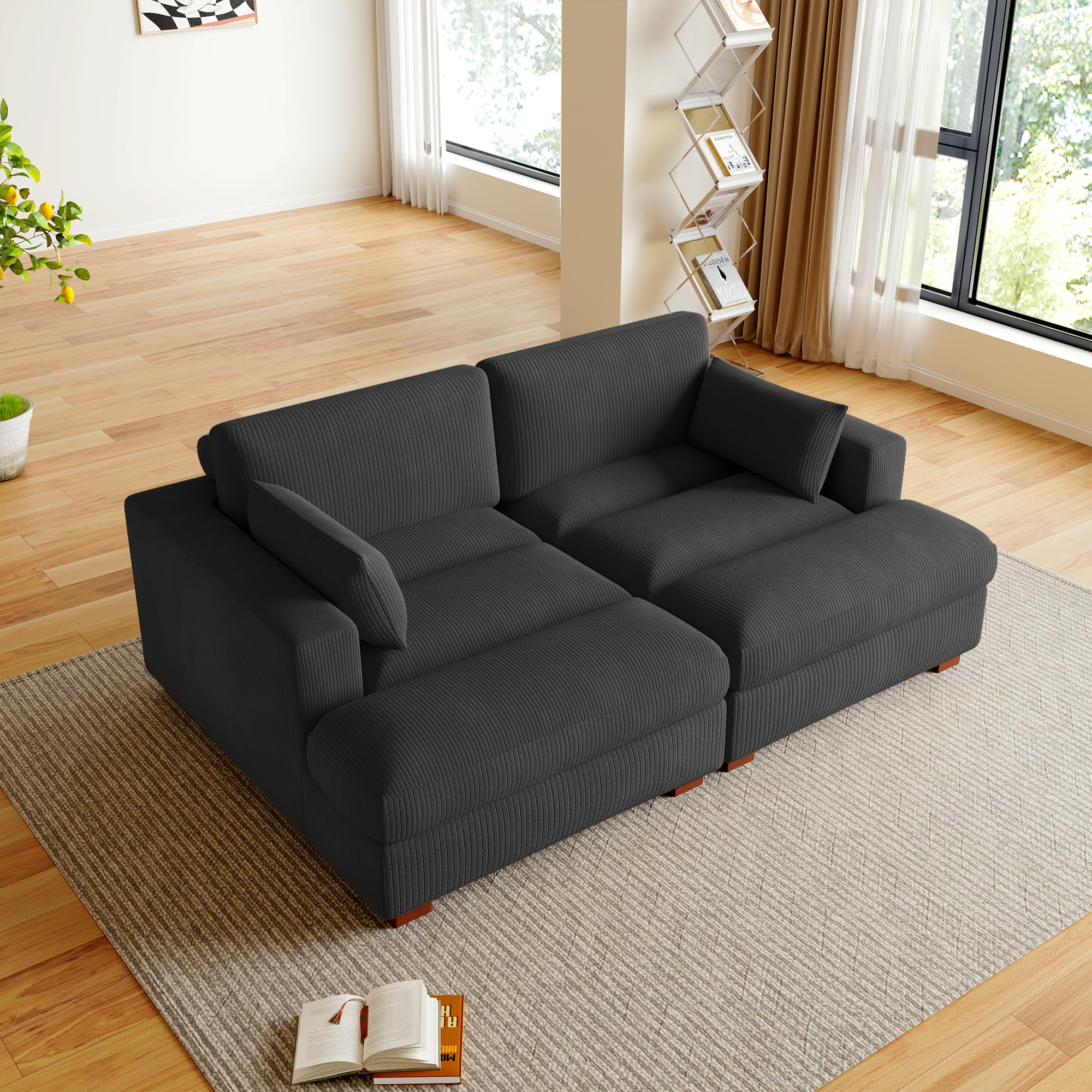 Oversized Corduroy Chaise Lounge Chair with Armrest & Throw Pillows - 2-Seater Grey Sofa for Bedroom, Living Room | Perfect for Relaxing, Reading & Lounging