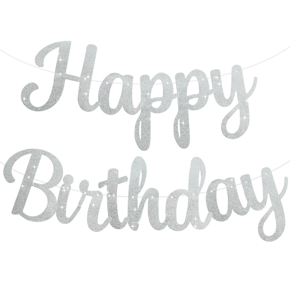 BEISHIDA 10Ft Silver Glitter Happy Birthday Banner - Pre-Strung Party Garland Sign, Birthday Backdrop Decorations for Women | Perfect for Indoor/Outdoor Birthday Parties, Baby Showers & Anniversary Celebrations