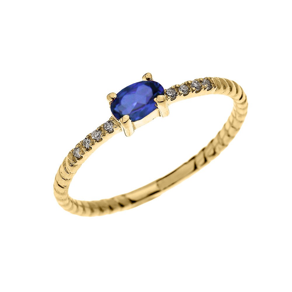 10k Yellow Gold Diamond & Oval Sapphire Solitaire Rope Stackable Ring for Women - Elegant Proposal, Engagement & Wedding Jewelry Gift - Perfect for Anniversaries, Valentine's Day & Special Occasions