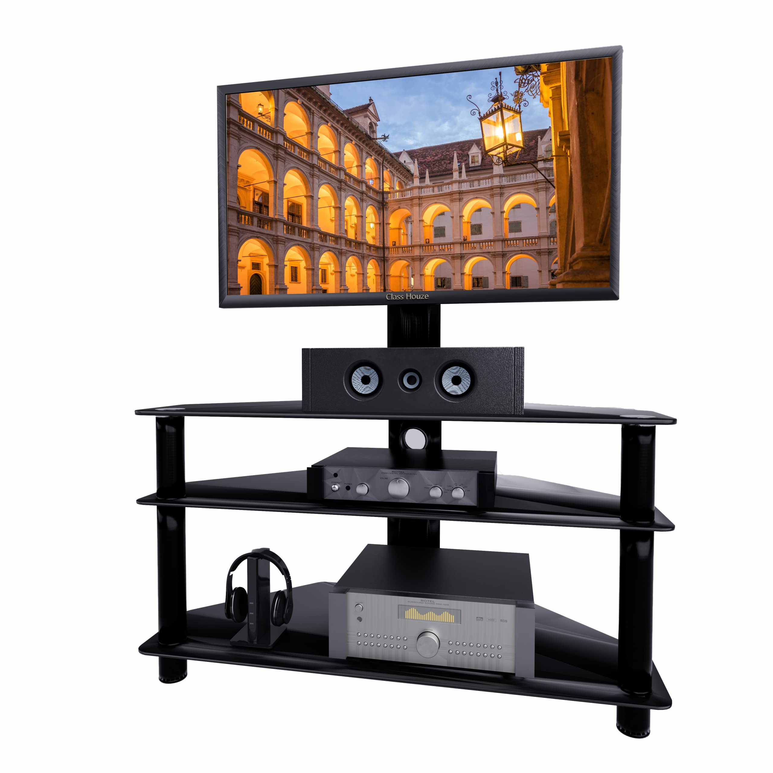 Universal Swivel Floor TV Stand for 32-65 Inch TVs - 3-Tier Black Tempered Glass Corner Entertainment Center with Height Adjustable Design - Perfect for Living Room, Bedroom & Home Theater Setup