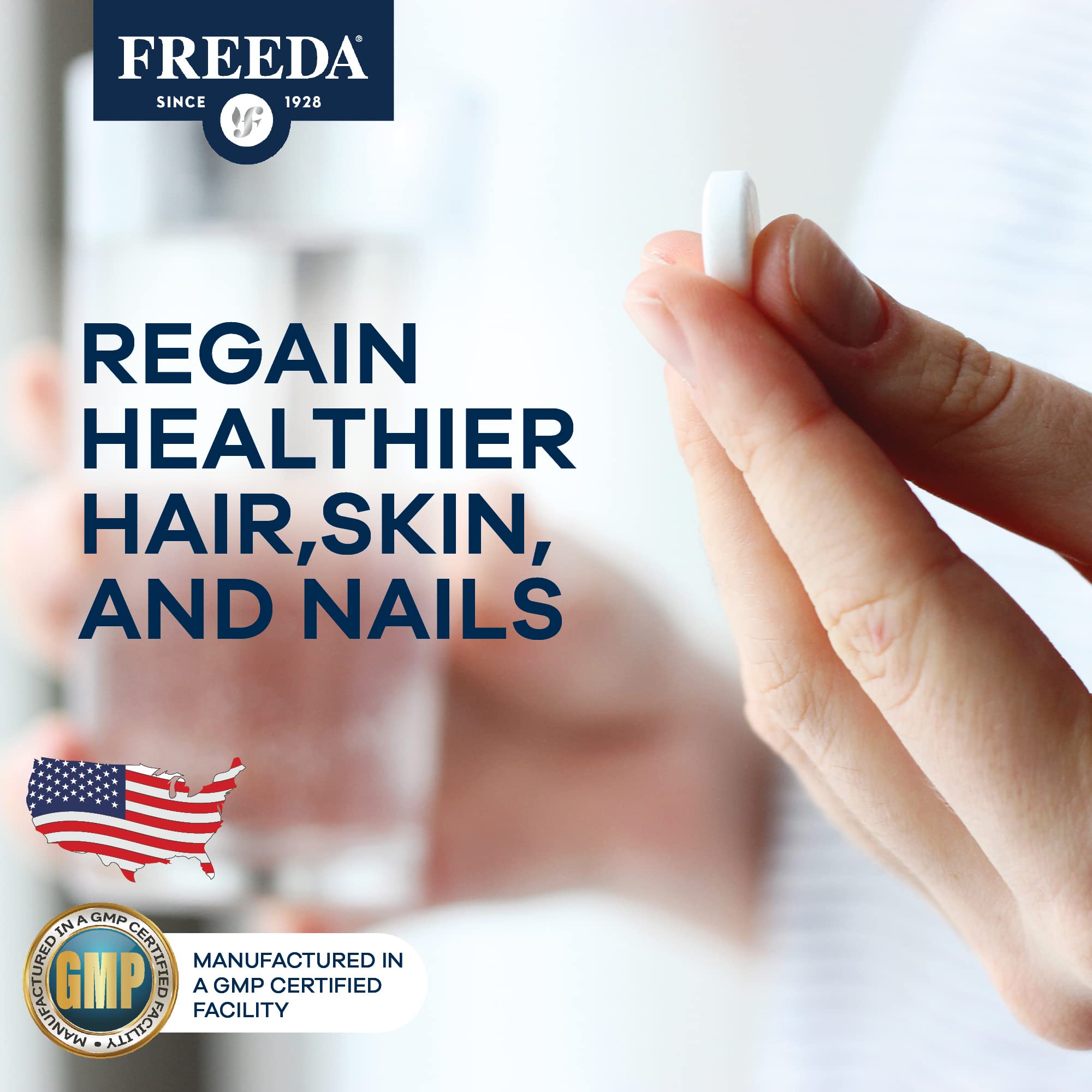 FREEDA Biotin 10,000 mcg - Kosher Certified Hair, Skin & Nails Vitamin Supplement - High Potency B7 for Hair Growth & Strong Nails - Vegan D-Biotin Tablets - 100 Tiny Tablets - Perfect for Daily Beauty & Wellness Routine