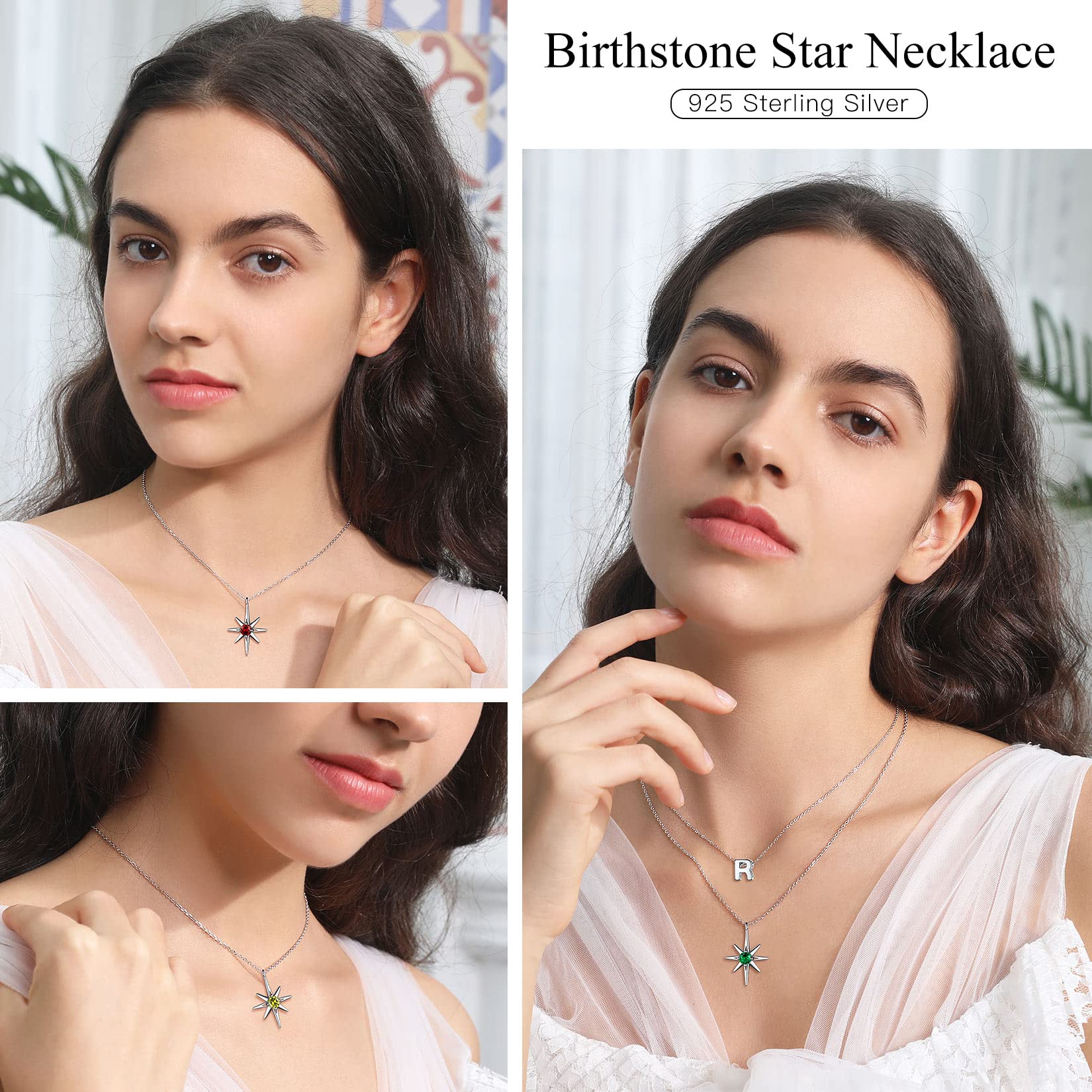 Suplight 925 Sterling Silver Dainty Birthstone North Star Starburst Stud Earrings & Necklace Set for Women | Zodiac Jewelry Gift for Birthday, Anniversary & Everyday Wear
