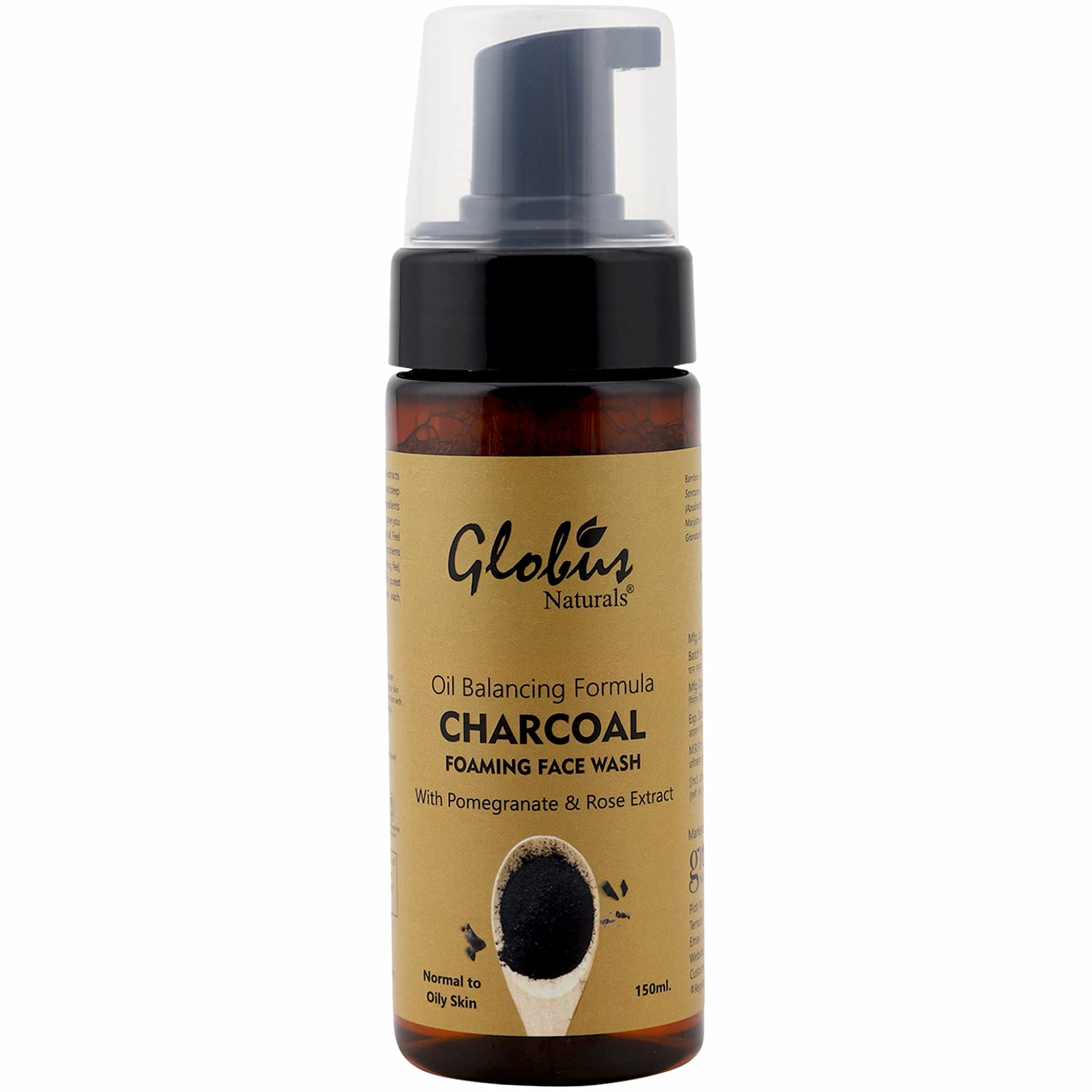 Globus Naturals Charcoal Anti-Pollution Acne Control Foaming Face Wash with Rose, Manjistha, Banana, Pomegranate, Aloe Vera, Neem & Tulsi - 150ml | Deep Cleansing for Oily & Acne-Prone Skin | Daily Skincare Routine for Clear Complexion