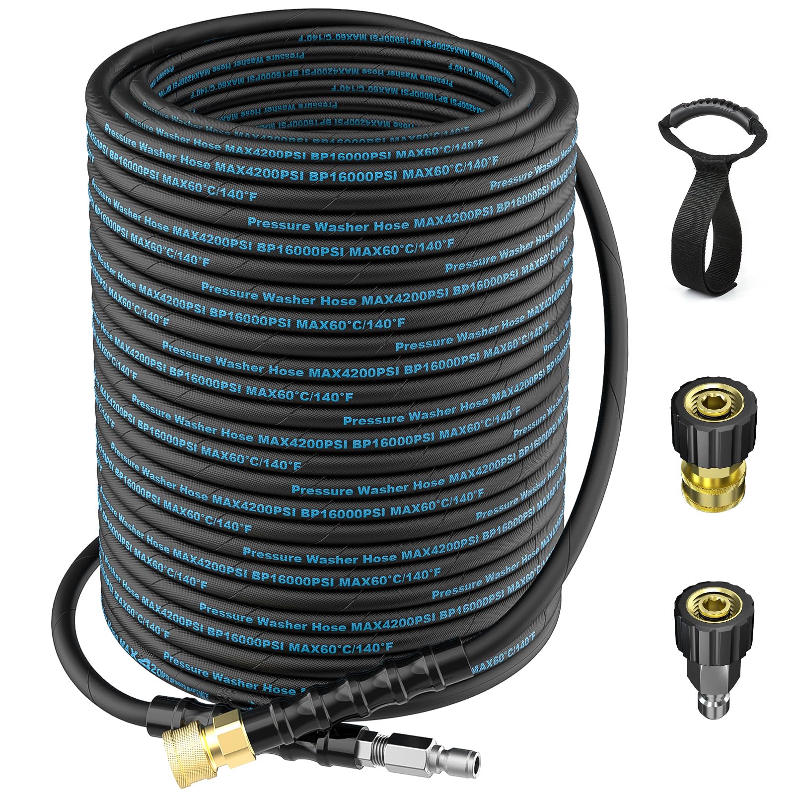 **100 Ft High Pressure Washer Hose - 3/8'' Quick Connect, 4200PSI Kink Resistant with M22-14mm Adapter - Heavy Duty Wire Braided for Hot & Cold Water - Perfect for Car Washing, Home Cleaning & Outdoor Power Washing**