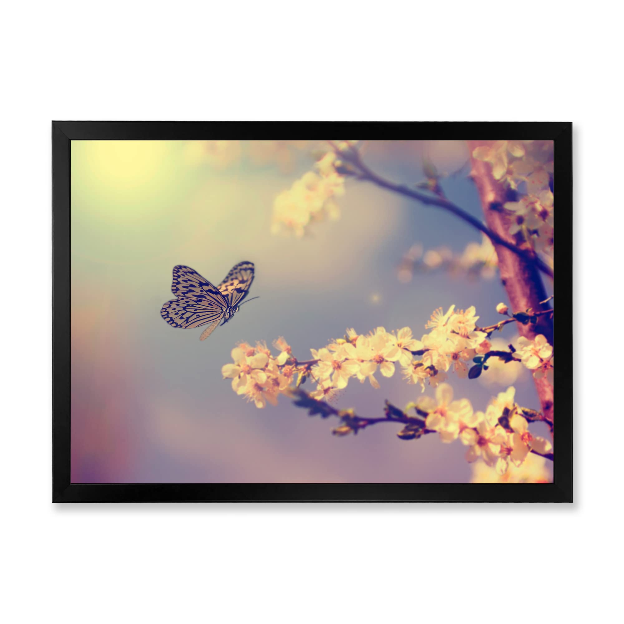 Vintage Butterfly Flying to White Flower Traditional Framed Wall Art - Home Decor, Living Room, Bedroom, Office Wall Hanging Painting for Housewarming Gift