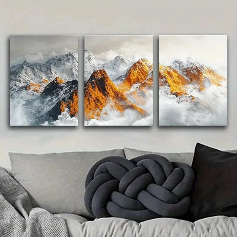 3-Piece Golden and Silvery Mountains Metal Wall Art - Ready to Hang Modern Home Decor for Living Room, Bedroom & Office