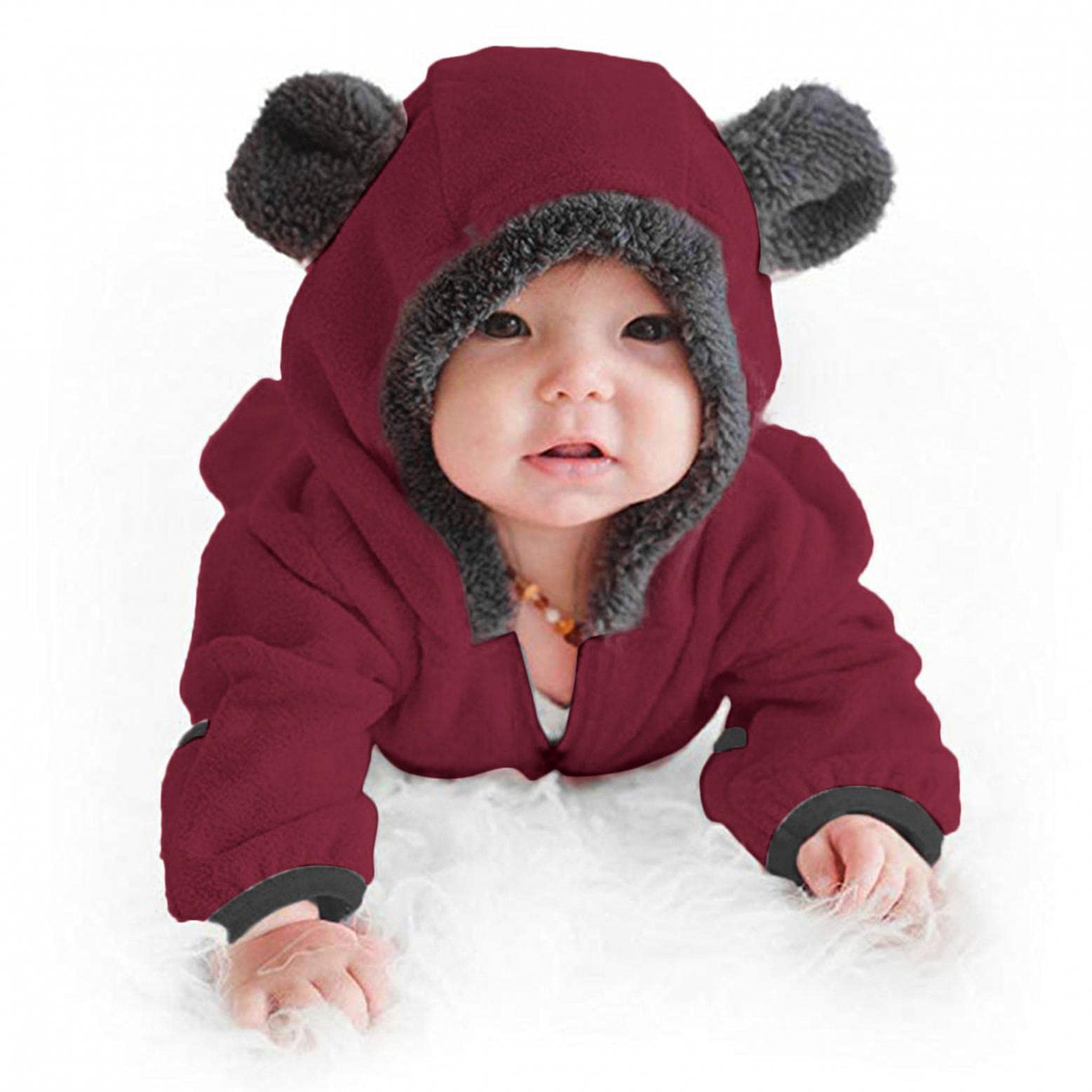 Baby Girls & Boys Cartoon Ears Hoodie Footed Jumpsuit - Warm Winter Zip-Up Romper for Infants | Perfect for Playtime, Nursery & Outdoor Adventures