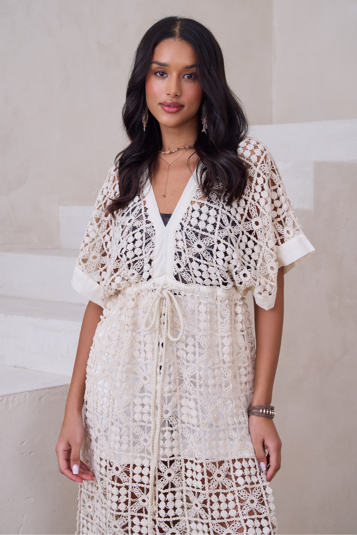 Elegant V-Neck Tie Front Crochet Cover Up - Women's Beachwear for Summer, Swimwear Cover, Boho Chic Outfit for Poolside, Vacation & Outdoor Activities