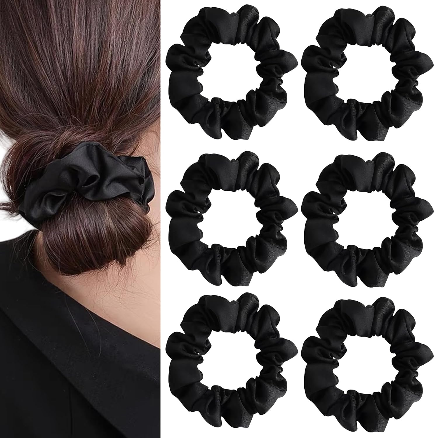 BAKEFY 6-Pack Black Satin Silk Hair Scrunchies - Soft No Damage Hair Ties for Women & Girls, Elastic Ponytail Holders for Sleep, Workout, and Everyday Use