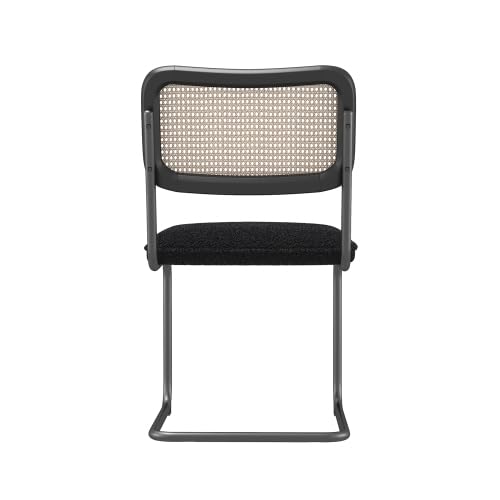 Premium Leather Dining Chair with High-Density Sponge Cushion - Rattan Backrest Modern Accent Chair for Dining Room, Living Room, Bedroom - Black - Perfect for Home Decor, Restaurant, Cafe & Office Settings