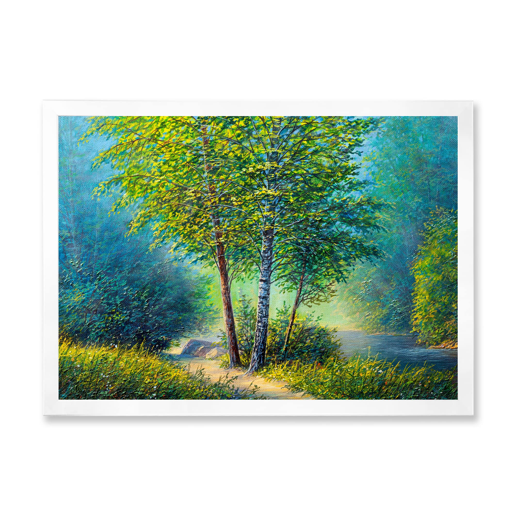 Three Vibrant Trees By The River Lake House Framed Wall Art - Nature Landscape Painting for Living Room, Bedroom & Office Decor - Perfect Gift for Housewarming & Holidays