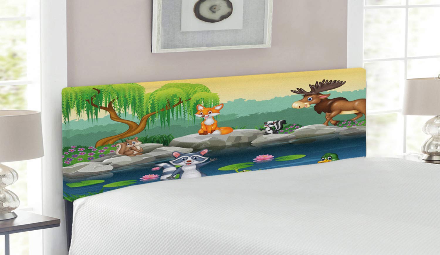Ambesonne Cartoon Headboard - Colorful Animal Happy Faces Digital Illustration Upholstered Metal Bed Headboard with Memory Foam, Queen Size in Lime Green & Multicolor | Perfect for Kids' Bedroom, Nursery Decor & Whimsical Home Design