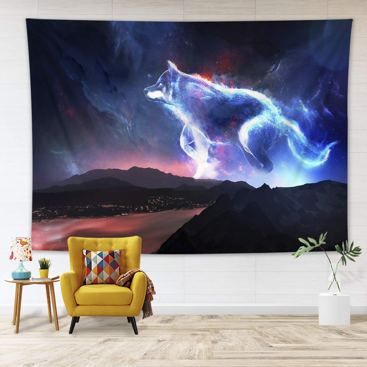 HVEST Trippy Space Wolf Tapestry - Hippie Wolf Running in Starry Sky with Abstract Mountains - 59x51 Inches Wall Hanging for Bedroom, Living Room, Teen Dorm, Indie Decor, Festival, Yoga Studio, Meditation Room