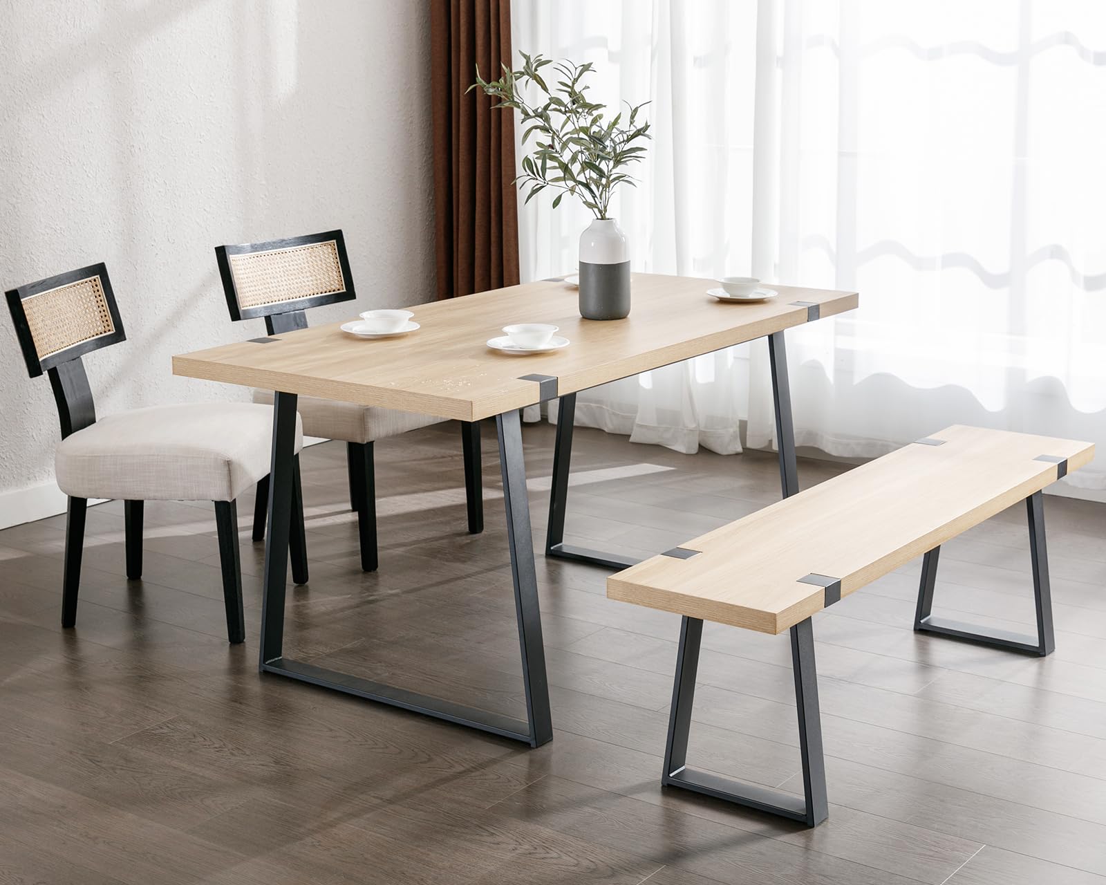 Modern Light Oak Dining Bench - Wooden Kitchen & Dining Room Bench Seat with Metal Frame for 2-3 People | Indoor Dining Table Chairs for Living Room & Restaurant Style Settings