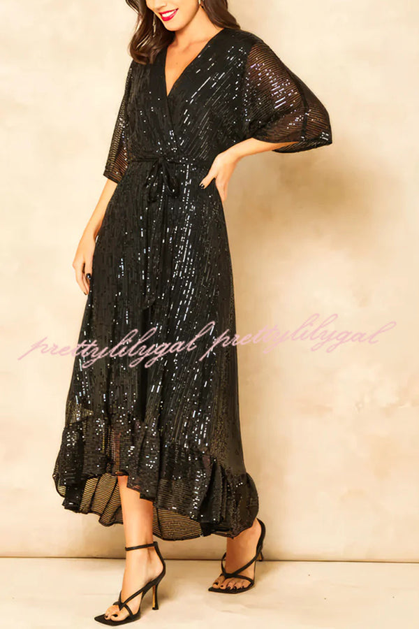 Elegant Solid Color Sequined V-Neck Waist Tie Loose Maxi Dress for Women - Perfect for Evening Parties, Weddings & Special Occasions