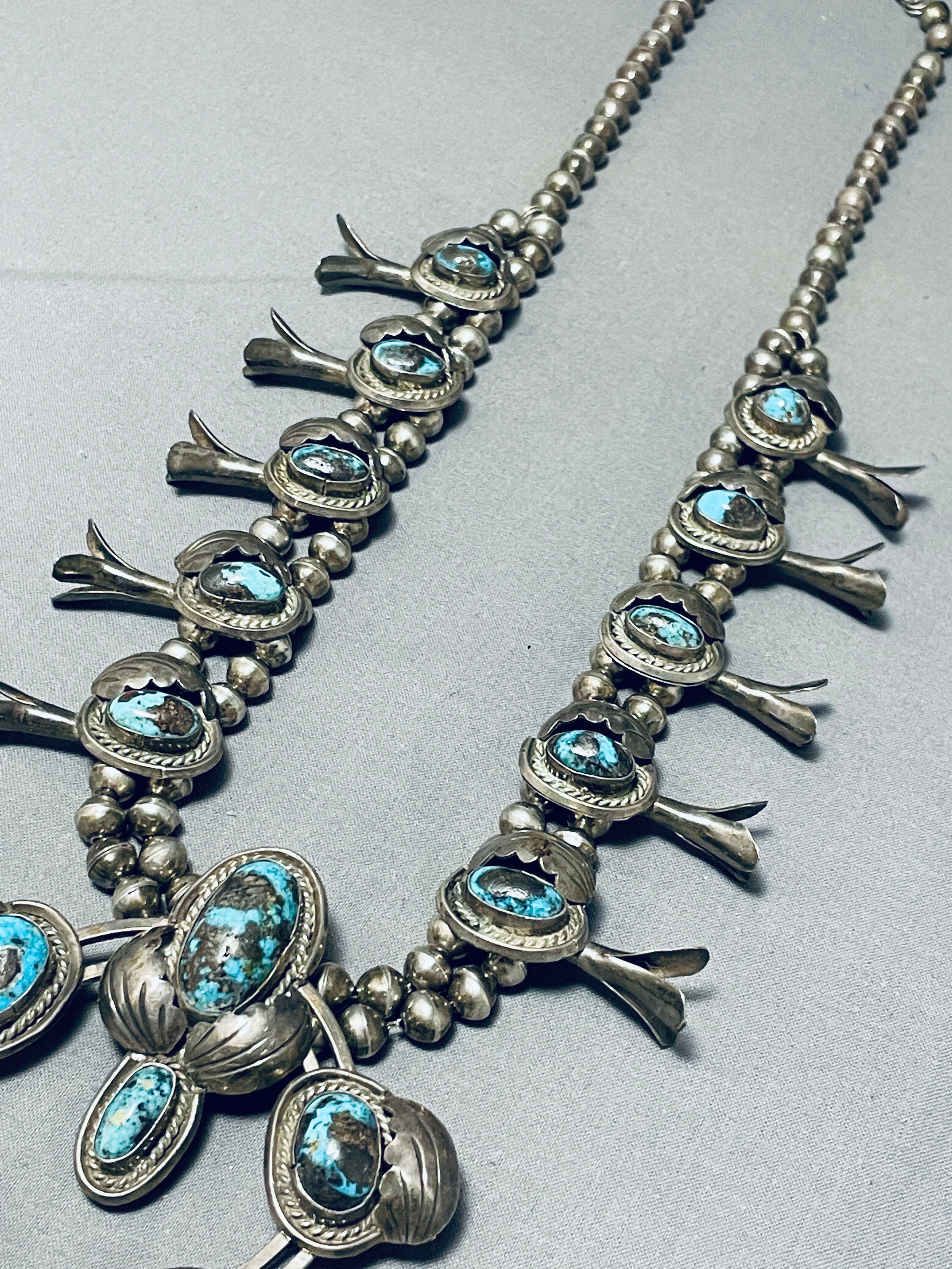 Authentic 100% Bisbee Turquoise Vintage Native American Navajo Sterling Silver Squash Blossom Necklace | Handcrafted Jewelry for Women | Perfect for Boho Fashion, Weddings & Special Occasions