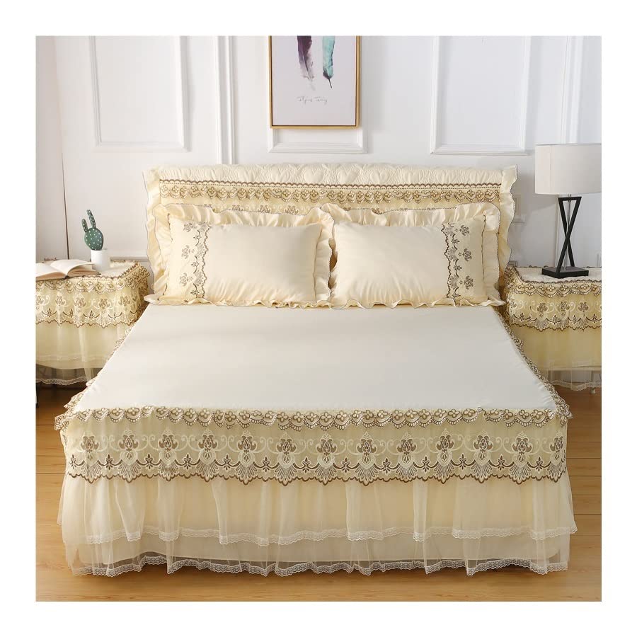 3-Piece Lace Bed Skirt Set for King Size Bed - Elegant Bedspread & Bed Cover 200x220cm (Color: Beige) - Perfect for Girls' Bedrooms, Guest Rooms & Master Suites