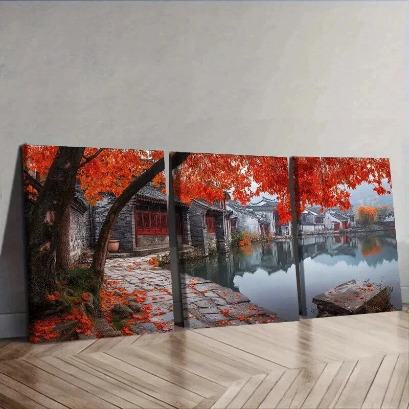 3-Piece Jiangnan Ancient Town Wall Art Set - High Quality Framed Canvas Prints 50x70cm | Australian Made | Ready to Hang | Perfect for Living Room, Bedroom & Office Decor