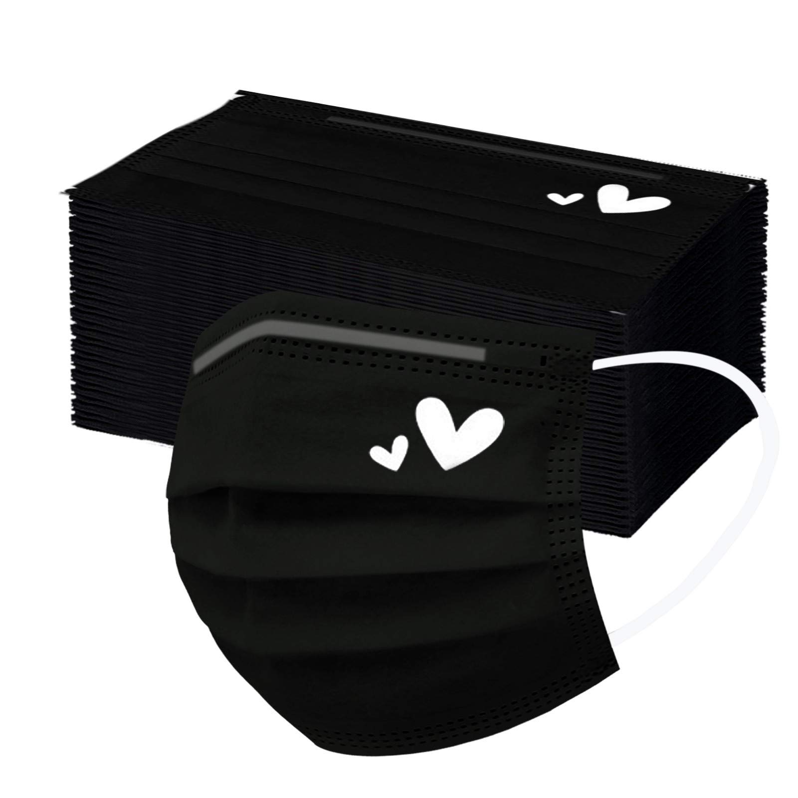 50PC Black Disposable Face Masks for Women & Adults - 3-Ply Breathable Protection with Cute Patterns | Perfect for Daily Use, Travel, and Public Safety