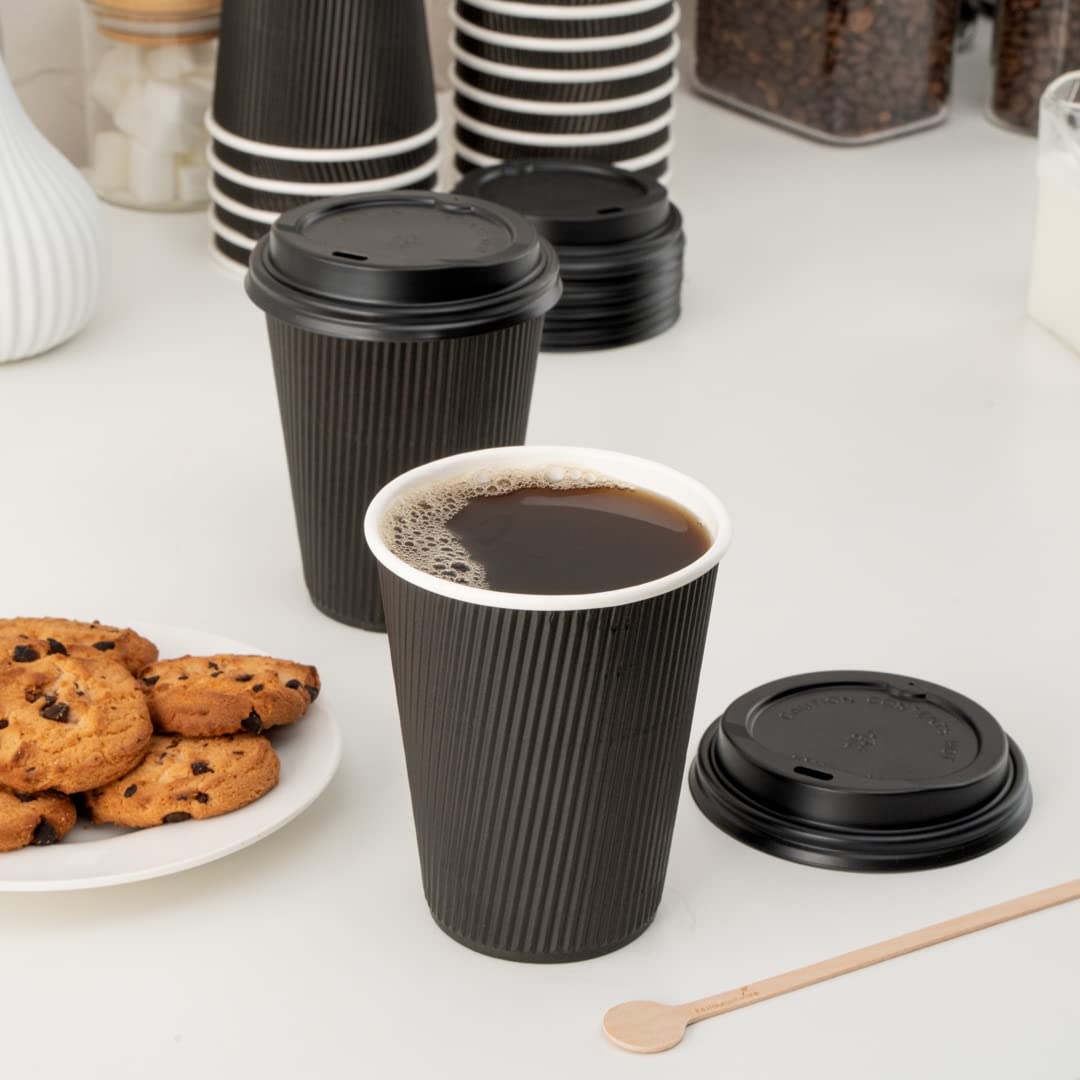 200 Pack 12oz Insulated Black Paper Coffee Cups with Lids - Leakproof & Non-Slip Ripple Wall Hot Cups for Tea, Hot Cocoa, Lattes - Perfect for Coffee Shops, Offices, Catering & Events