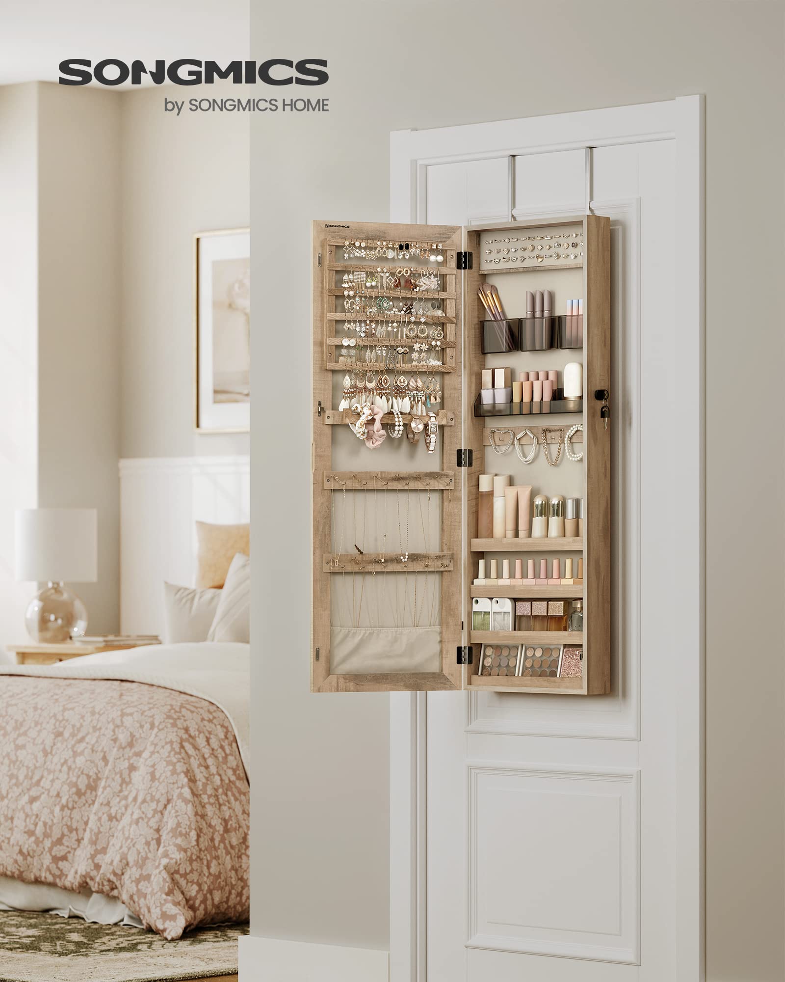 SONGMICS Wall Mounted Jewelry Cabinet with Mirror - Lockable Hanging Jewelry Organizer with 2 Cosmetic Trays, Toasted Oak Finish - Perfect for Bedroom, Bathroom or Closet Organization & Gift Giving
