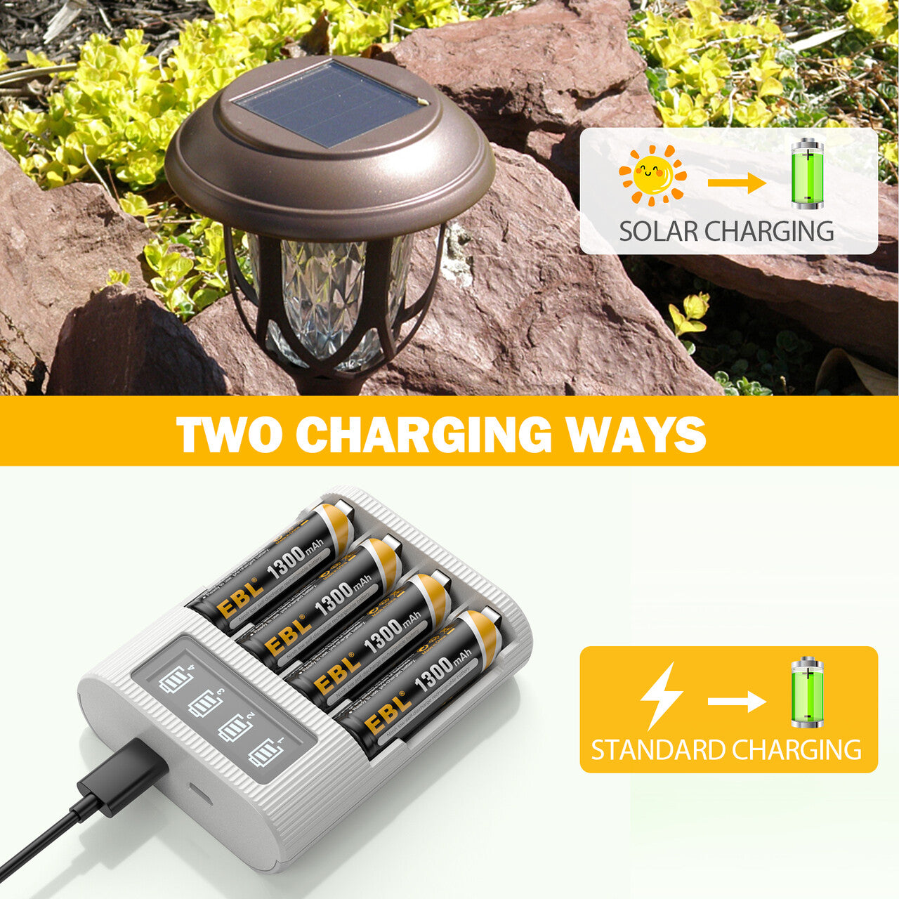 EBL AA Rechargeable Batteries 8 Pack - 2800mAh High Capacity NiMH Batteries for Solar Lights, Outdoor Garden Lights, Flashlights & Electronic Devices - Long Lasting Power Supply