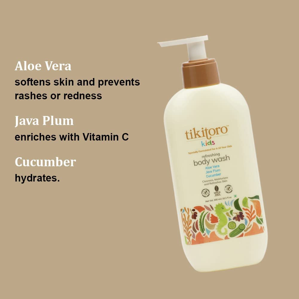 Jessica Kids Refreshing Body Wash - 100% Vegan with Cucumber, Java Plum, Vitamin C & Aloe Vera - Deeply Cleanses, Hydrates & Refreshes Skin for Kids Age 4+ (10.1 Fl Oz / 300ml) - Gentle Daily Bath & Shower for Sensitive Skin